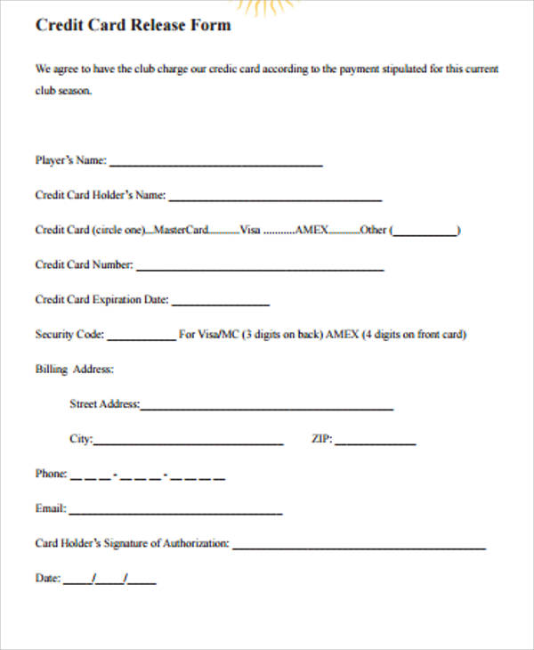credit card release form pdf