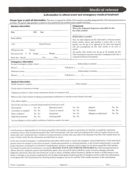 key club medical release form