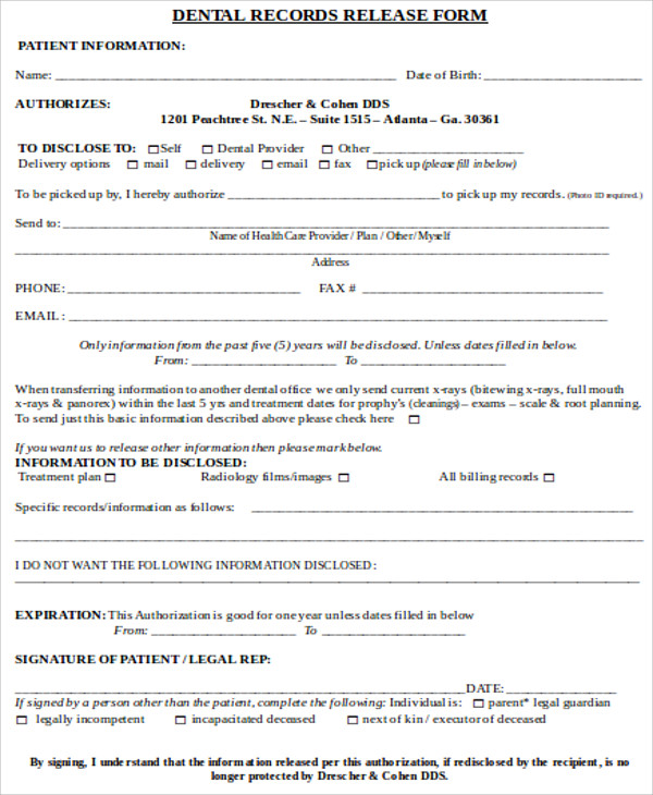 generic dental records release form