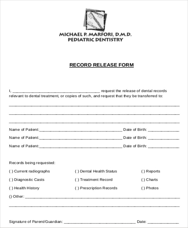 FREE 8+ Sample Dental Records Release Forms in MS Word PDF