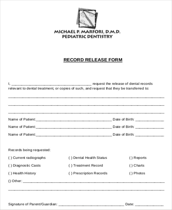 FREE 8 Sample Dental Records Release Forms In MS Word PDF