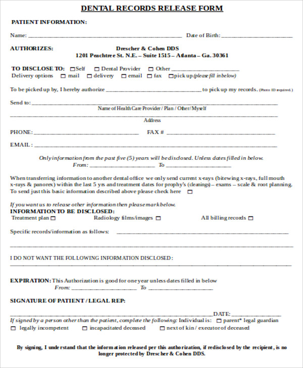 dental office records release form