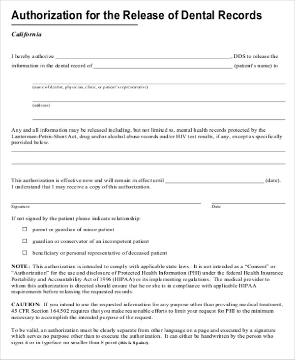 dental records release authorization form