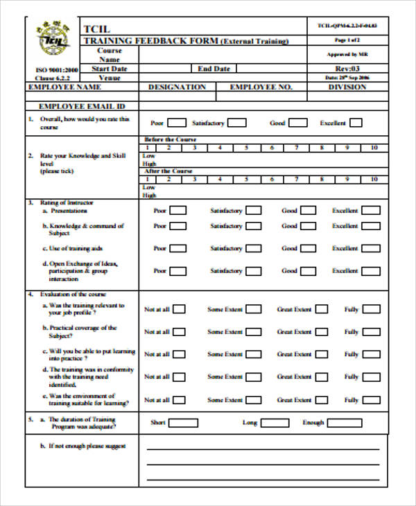 training feedback form sample