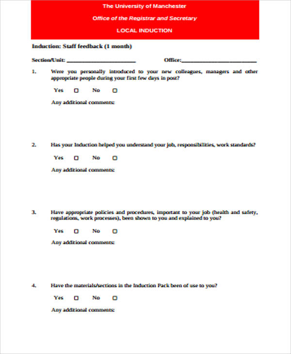 induction training feedback form