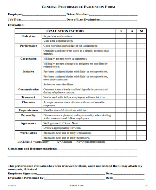 Job performance evaluation criteria