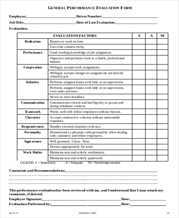 job performance evaluation form free