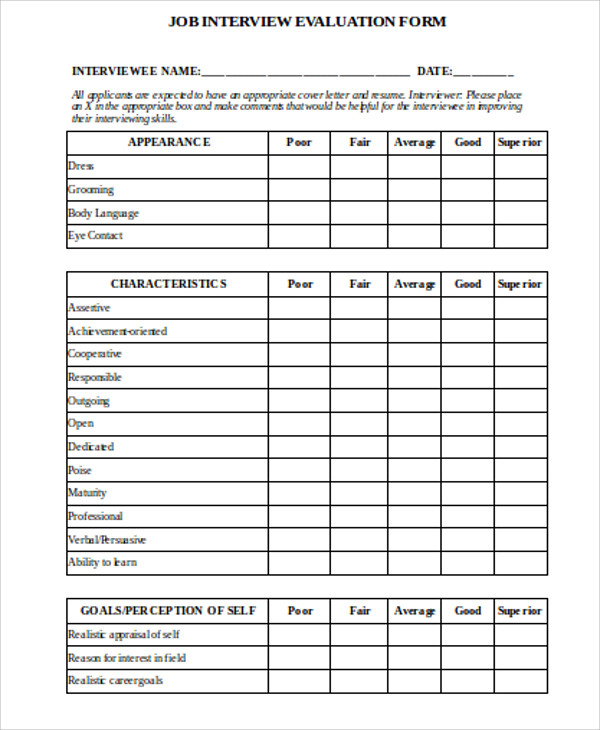 job interview evaluation form pdf
