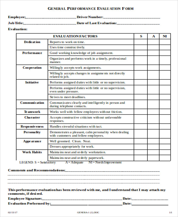 generic job evaluation form example
