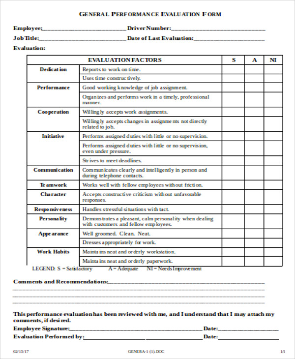 Work Evaluation Form Templates