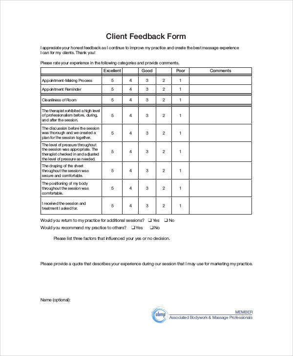 massage client feedback form pdf