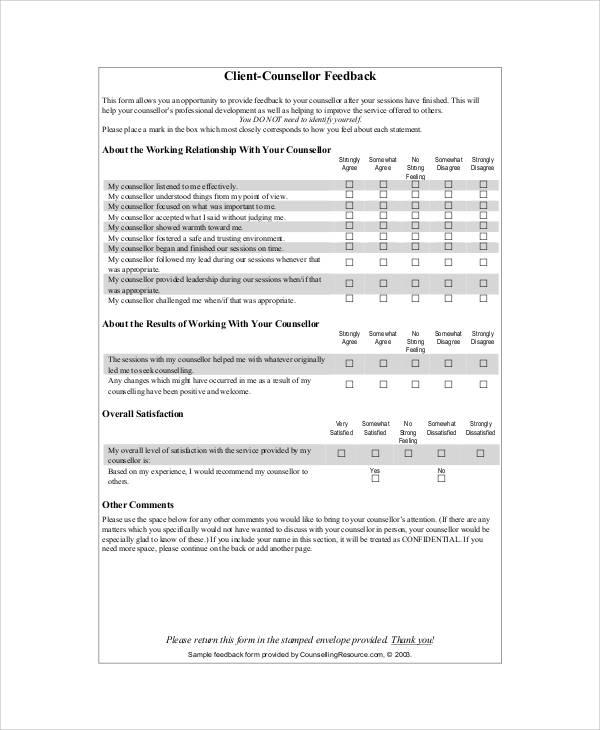 counselling client feedback form