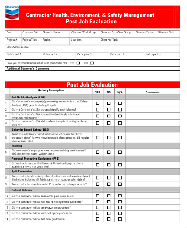 post job evaluation form