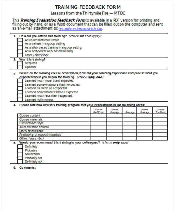 training feedback form