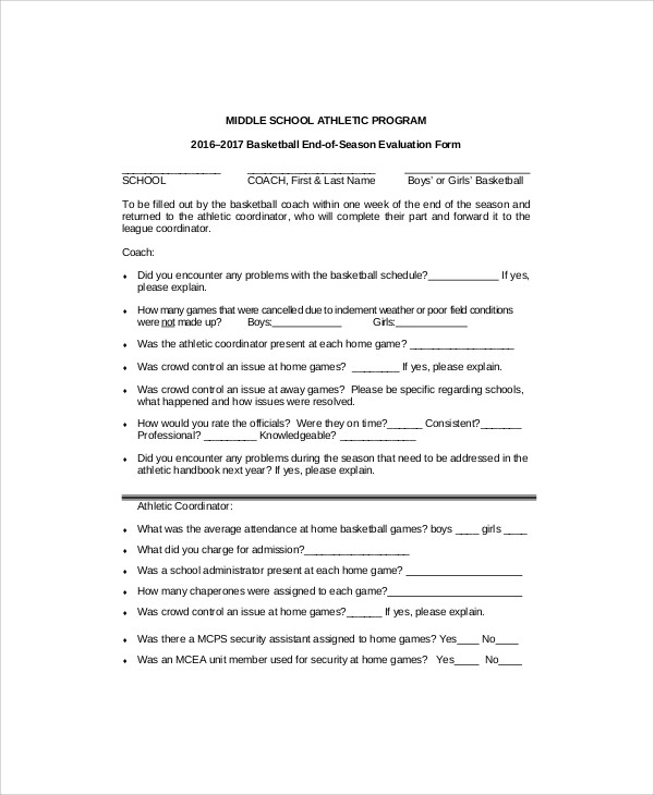 middle school basketball evaluation form