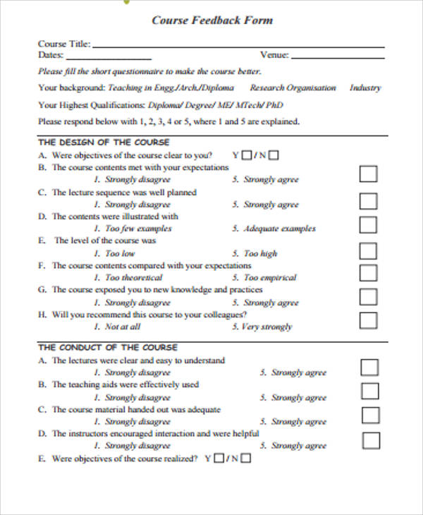 course feedback form pdf