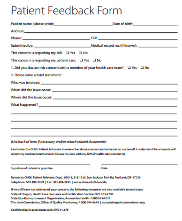 patient feedback form example