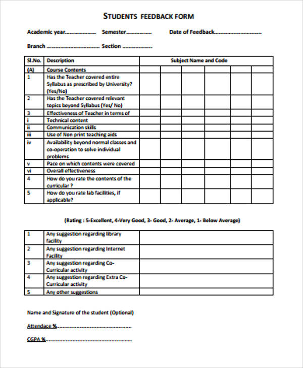 student feedback form pdf