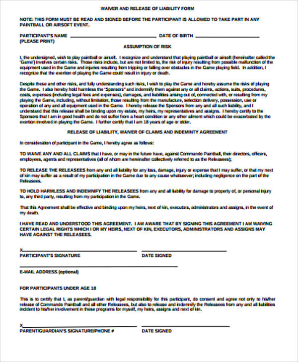 Free 7 Sample General Liability Release Forms In Ms Word Pdf 9597