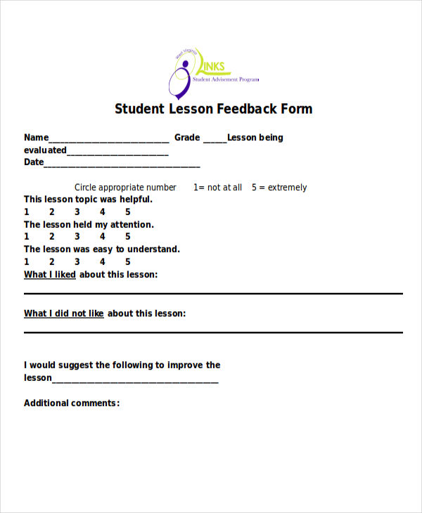 student lesson feedback form in word