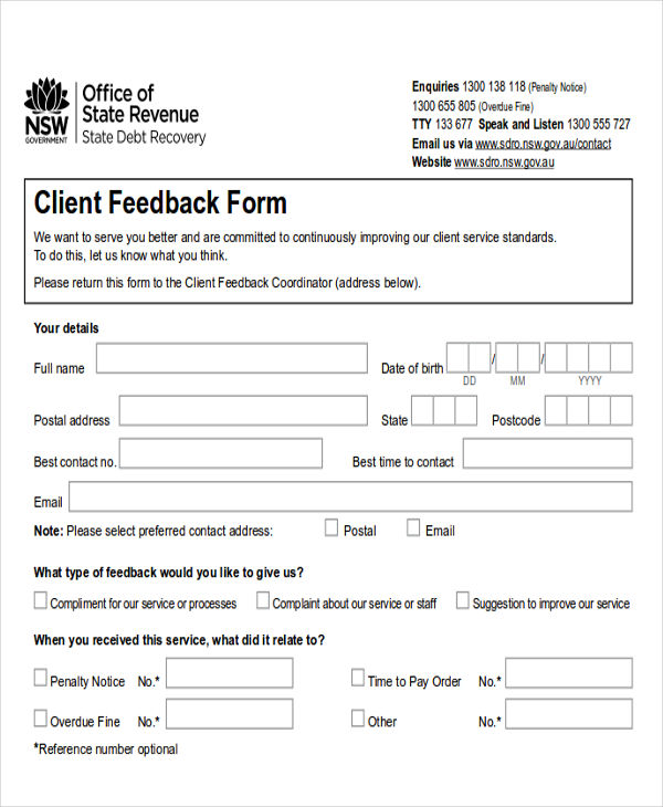 sample client service feedback form