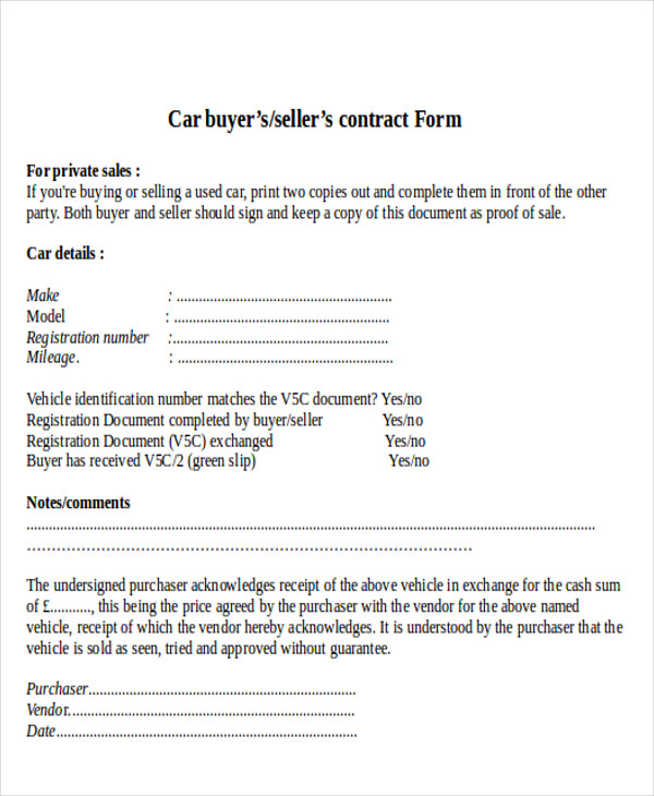 used car sale contract form 