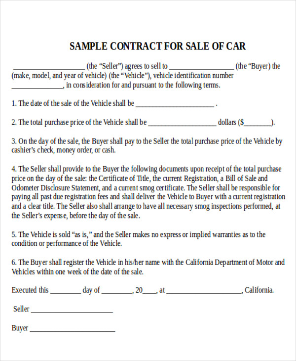 free sample used car sale contract