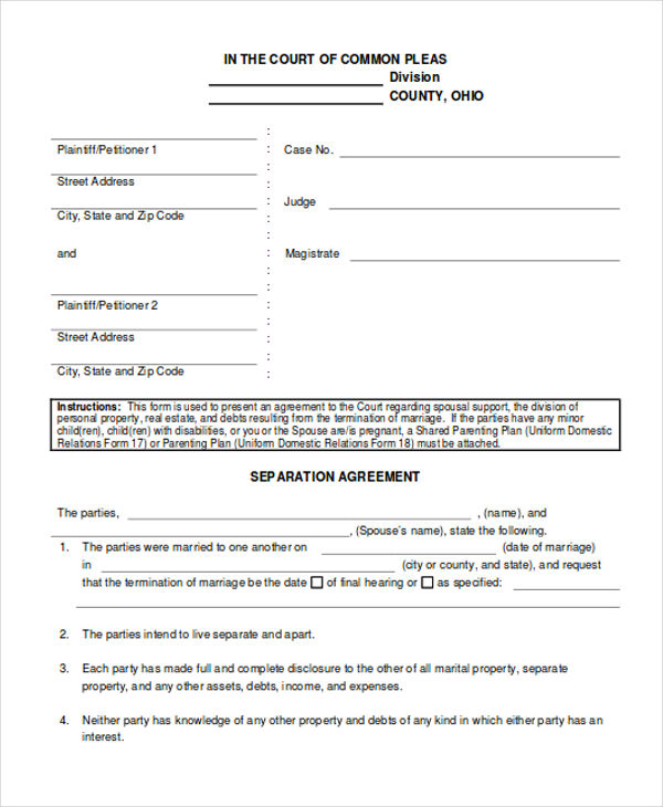 legal separation agreement example