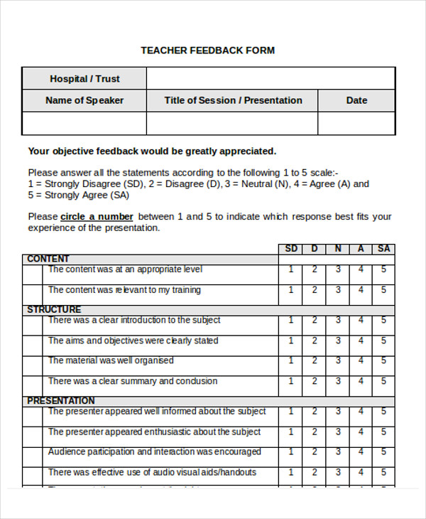 teacher feedback form example