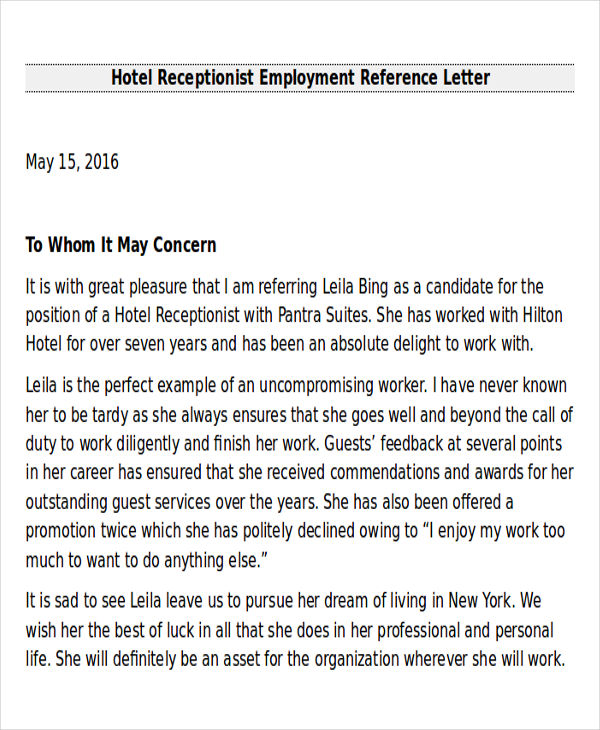 hotel employee recommendation letter