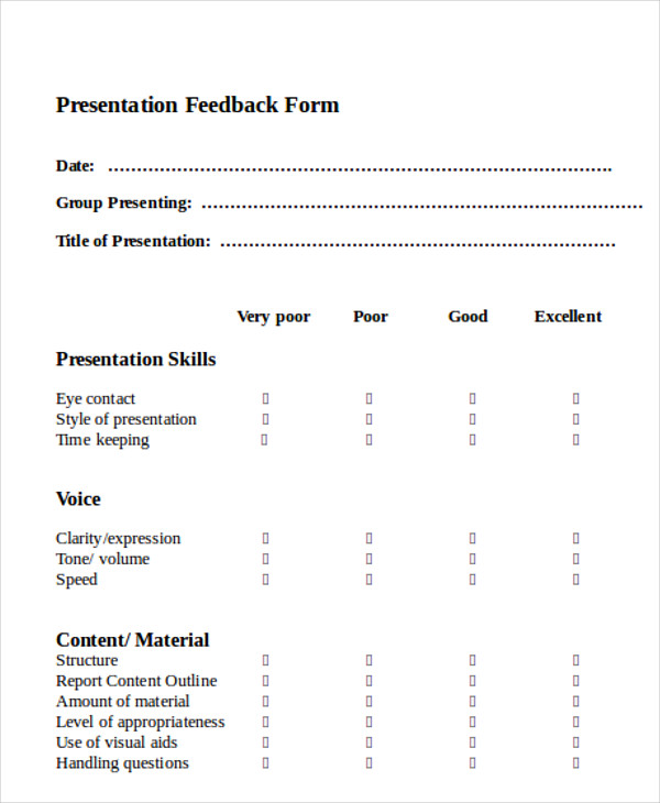 Free 10 Sample Presentation Feedback Forms In Ms Word Pdf Feedback ...