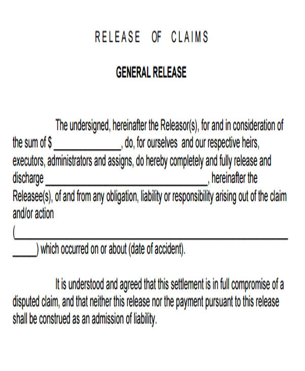 Release Of Claims Form Template