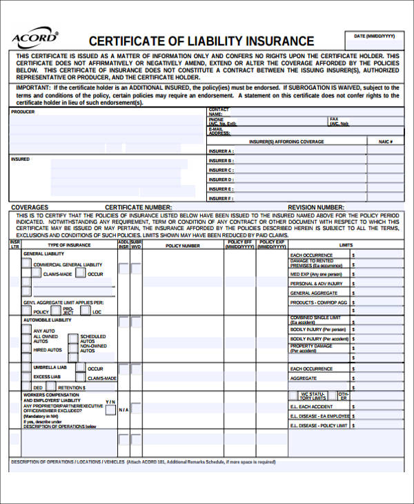 General Liability Insurance Form