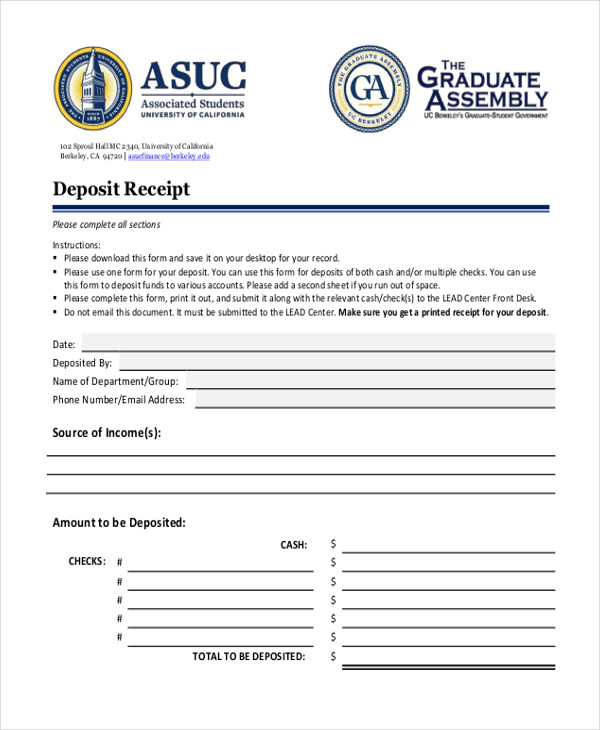cash down payment receipt form