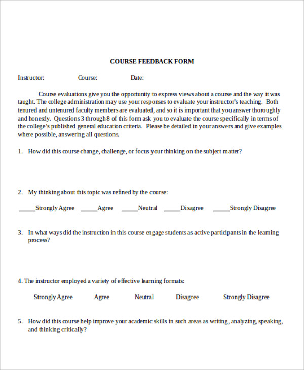 course feedback form in word