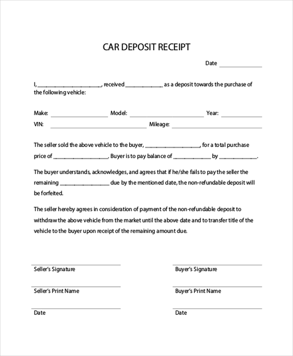 Down Payment Receipt Template For Car