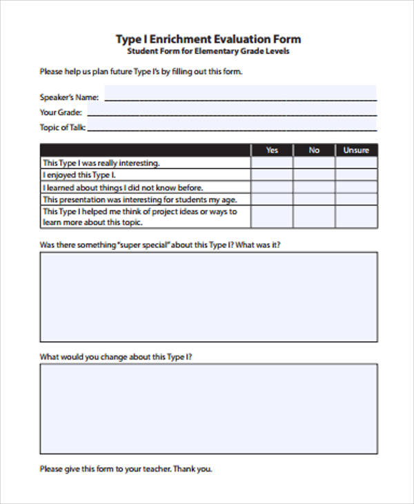 elementary student evaluation form