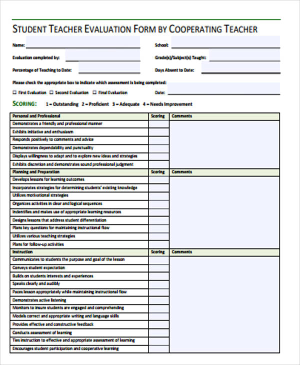 student teacher evaluation form pdf