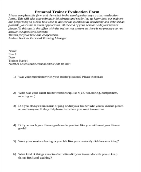 personal trainer evaluation form pdf