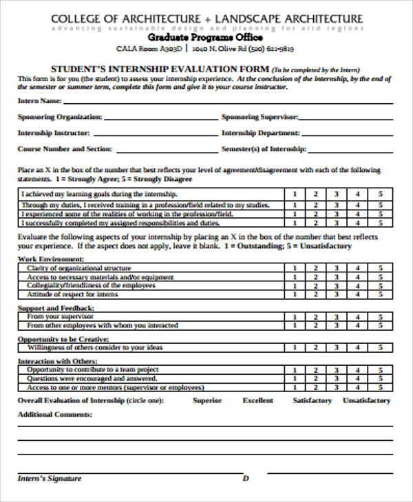 internship student evaluation form