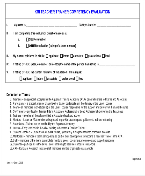 trainer competency evaluation form