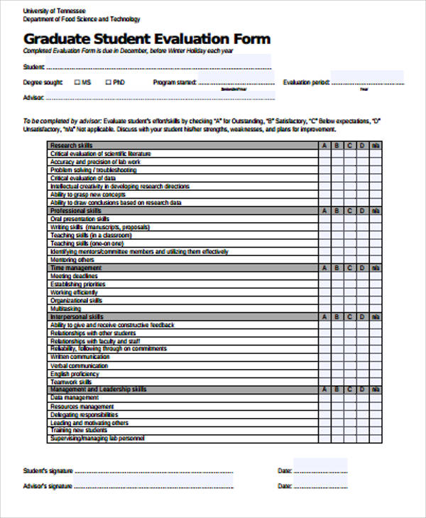 graduate student evaluation form
