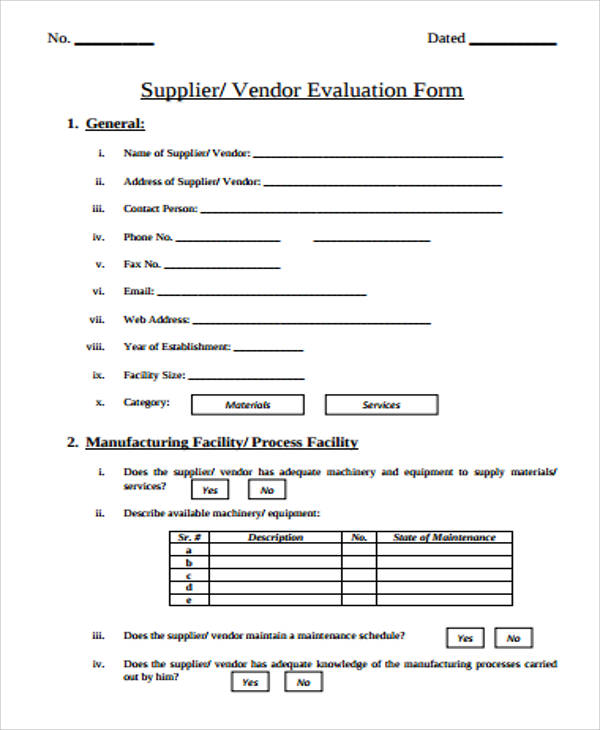 Vendor Evaluation Form Sample Excel HQ Printable Documents