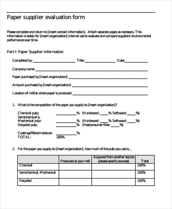 paper supplier evaluation form