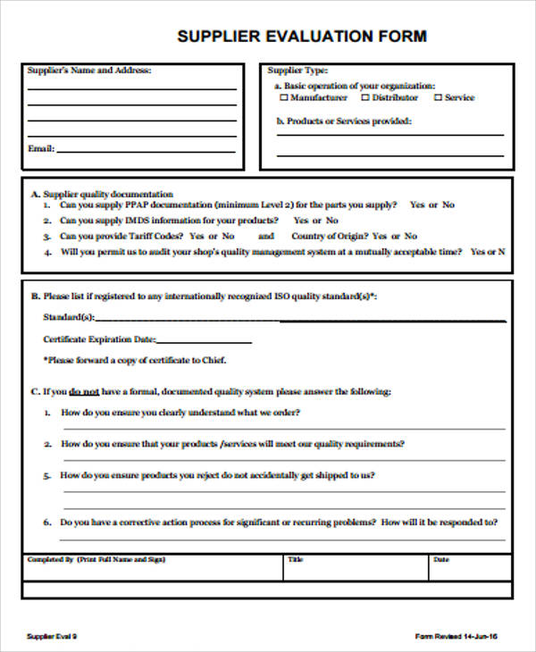 Supplier Performance Evaluation Form Template Excel