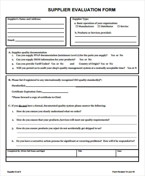 Supplier Evaluation Form Sample Supplier Evaluation Form Sample Forms 