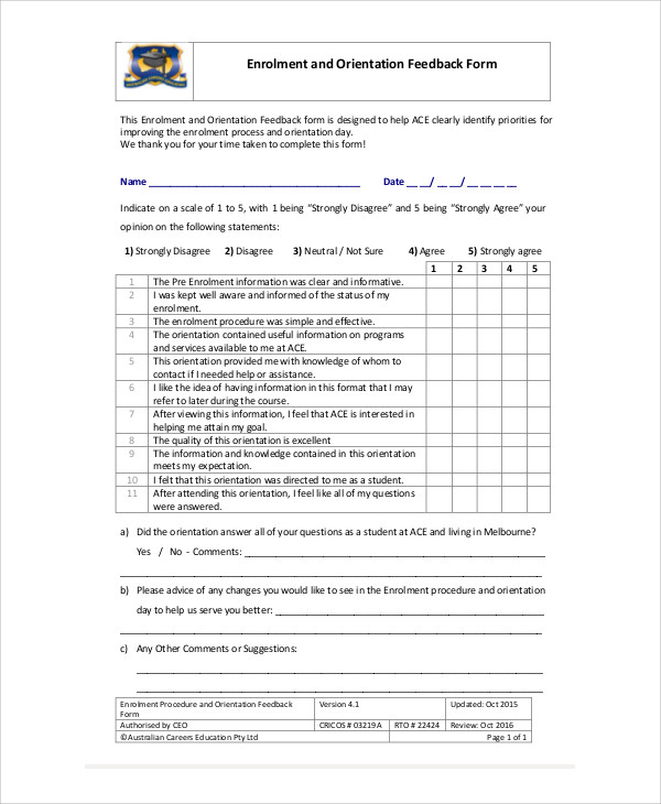orientation program feedback form