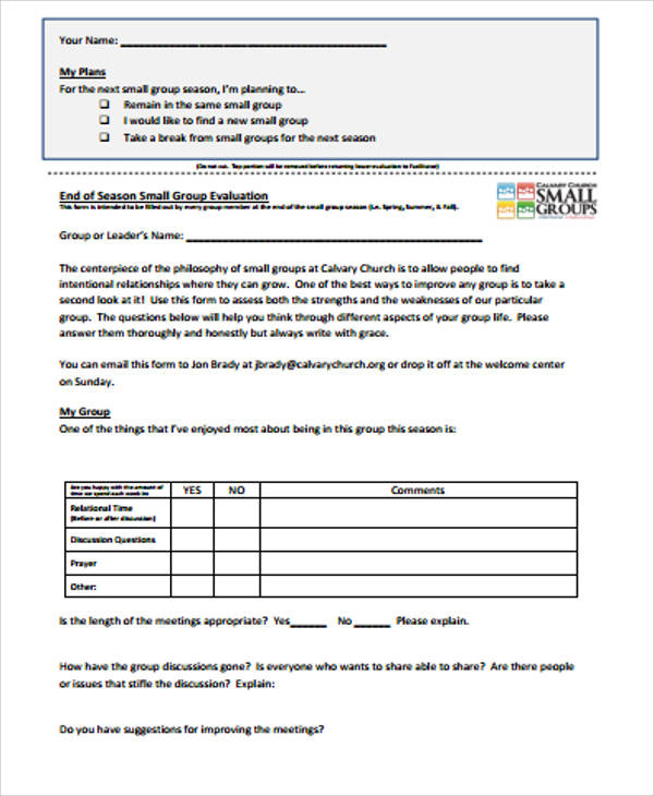 sample church small group evaluation form