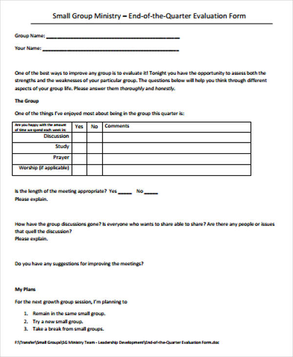 small group ministry evaluation form example