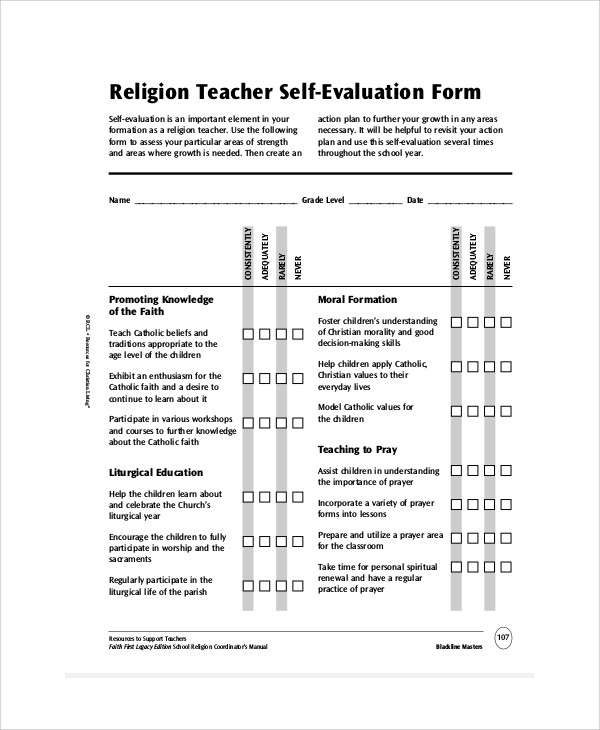 religion teacher self evaluation form